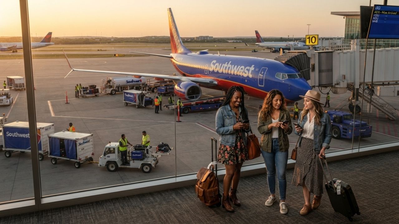 A Southwest Airlines Boeing 737 narrow-body aircraft taxiing on the runway under clear skies