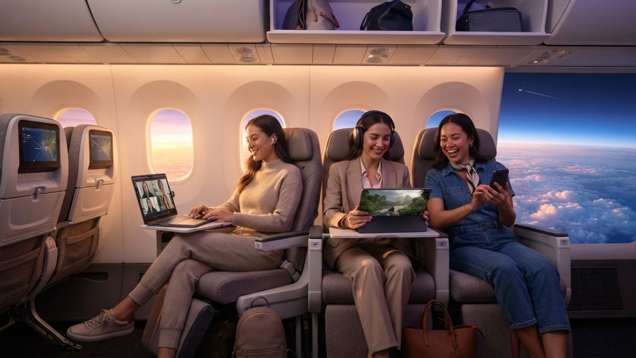 A passenger using a tablet to stream video on a commercial flight showing high-speed cabin Wi-Fi connectivity