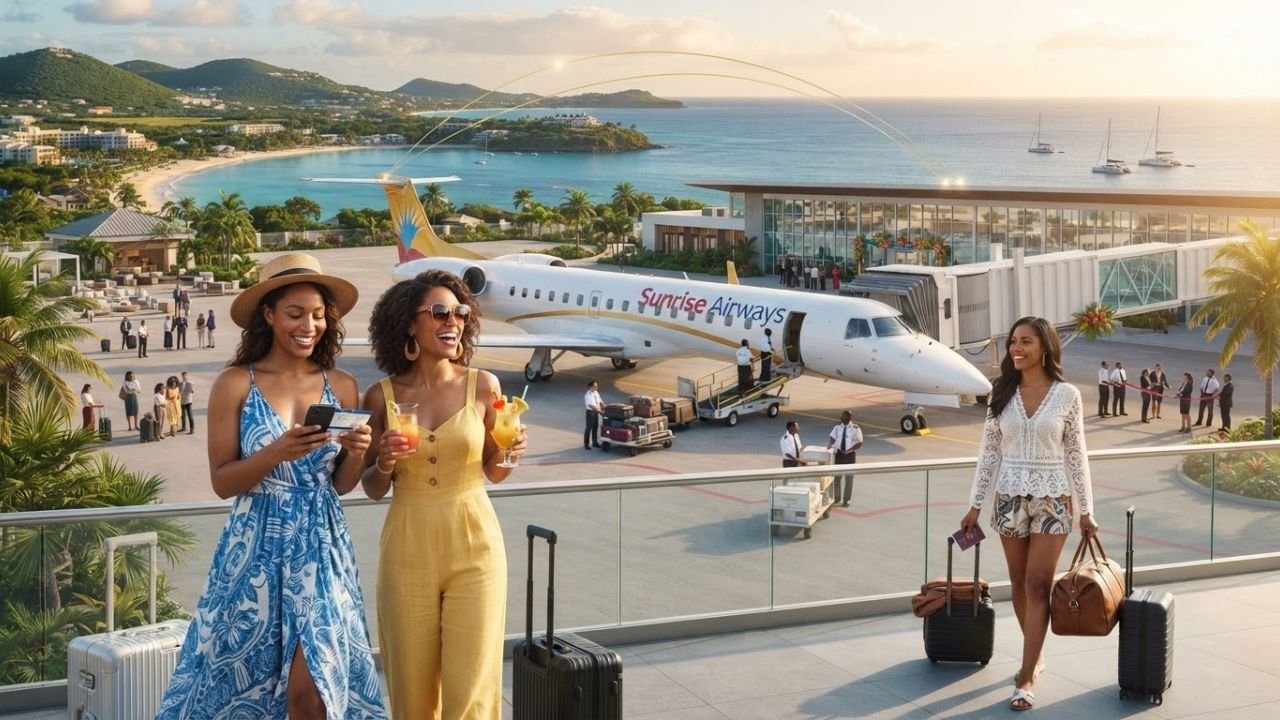 Sunrise Airways passenger aircraft parked at Grantley Adams International Airport terminal gate