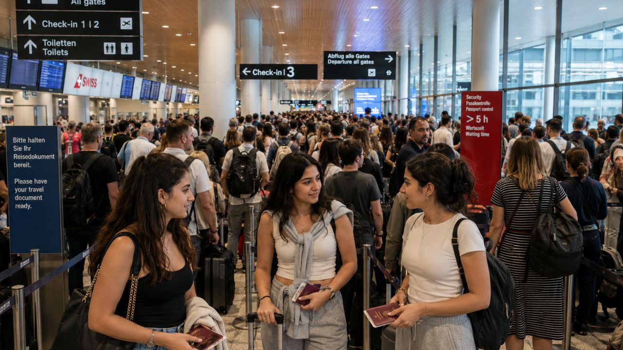 A crowded departures terminal inside a modern Swiss airport with long queues