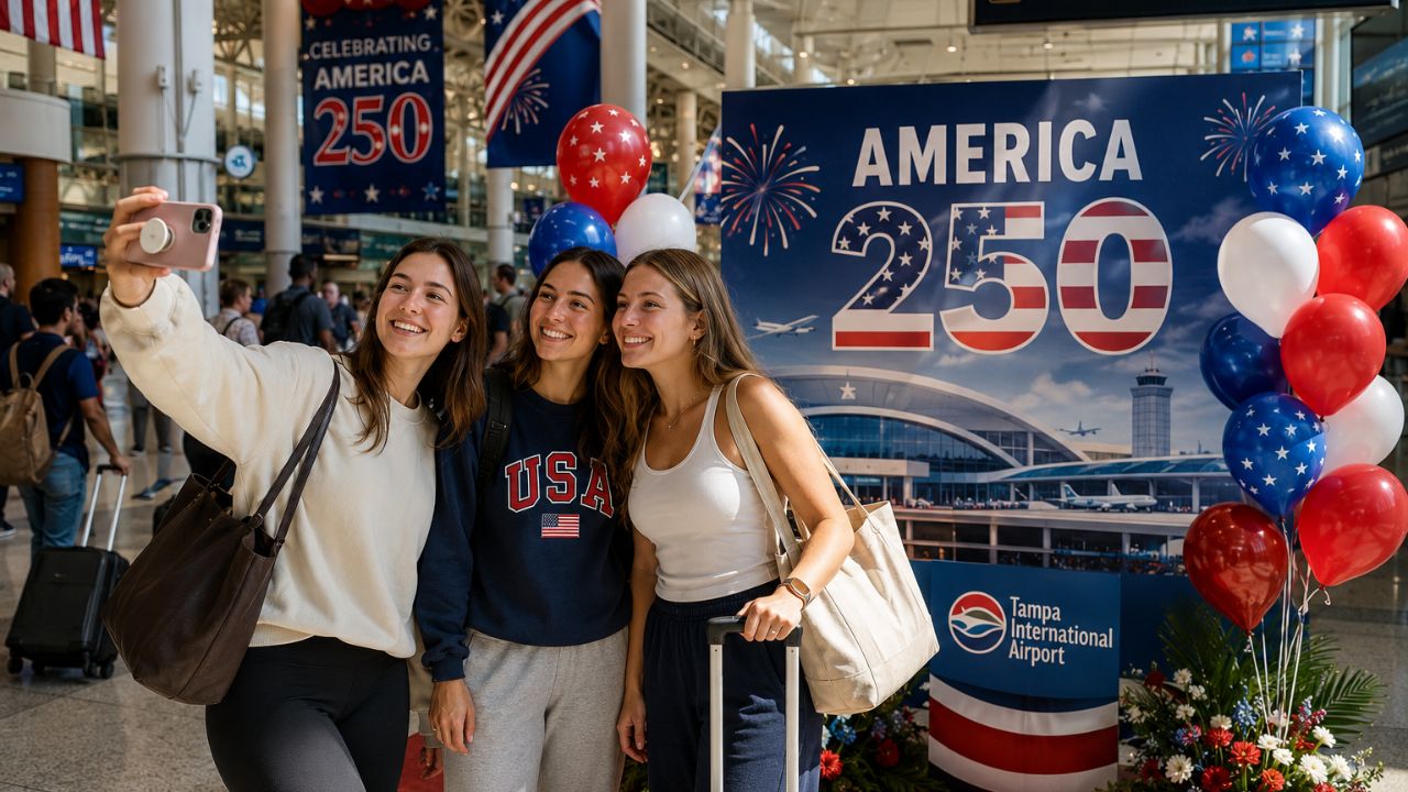 Commemorative patriotic displays and banners decorated throughout Tampa International Airport Main Terminal