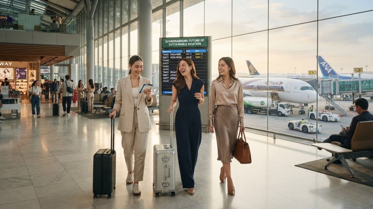 A commercial passenger airplane boarding passengers at Bangkok Suvarnabhumi Airport during daylight
