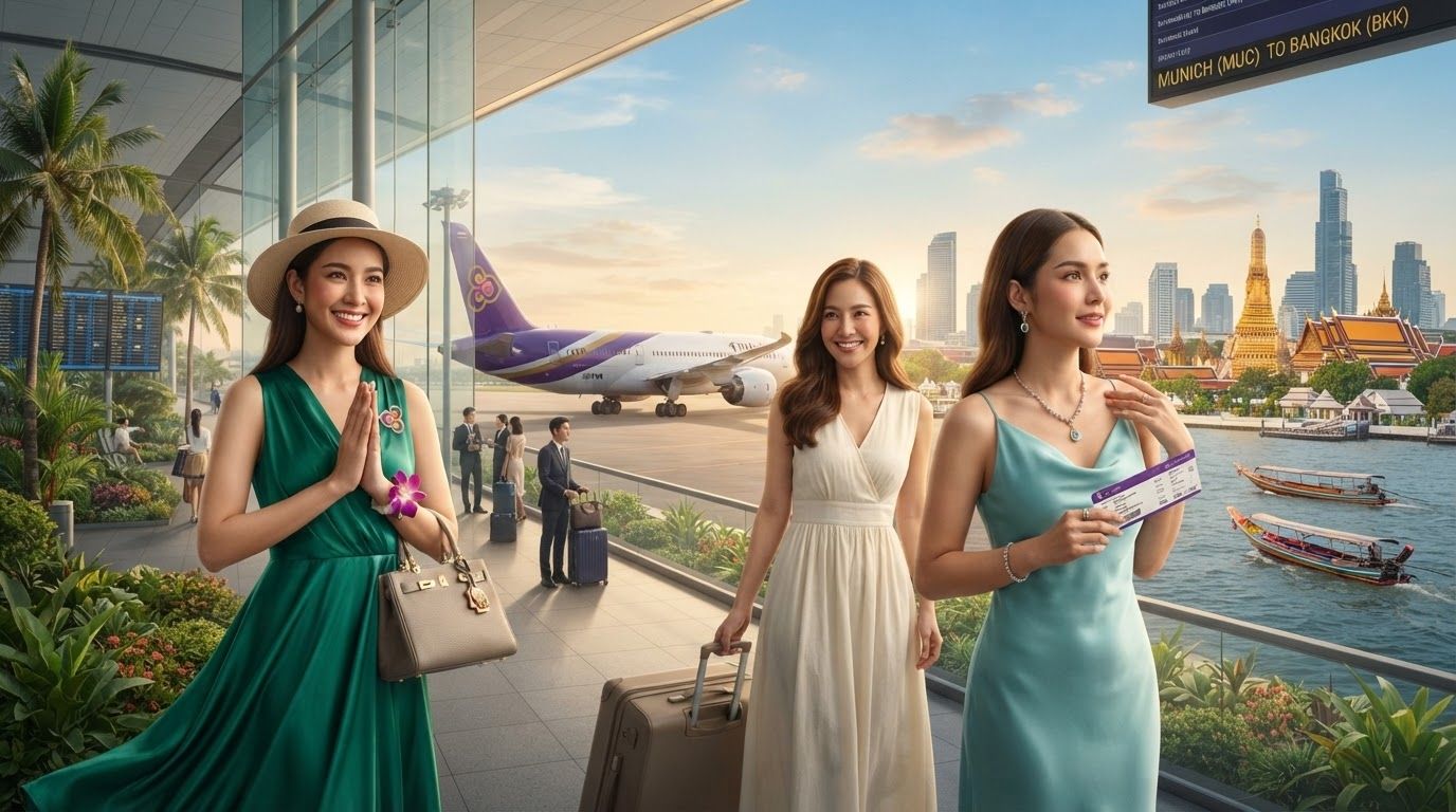 A Thai Airways Boeing 787-9 Dreamliner aircraft parked at a gate at Munich Airport under a bright sky