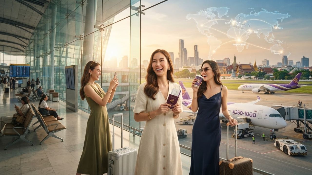 A Thai Airways passenger aircraft parked at the terminal building of Bangkok Suvarnabhumi Airport under a bright sky