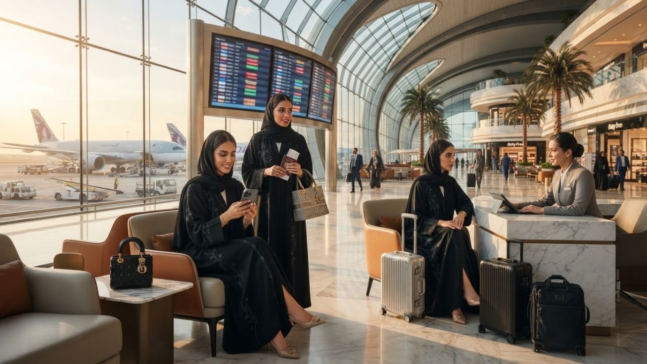 A busy terminal gate area at Dubai International Airport with airplanes parked outside
