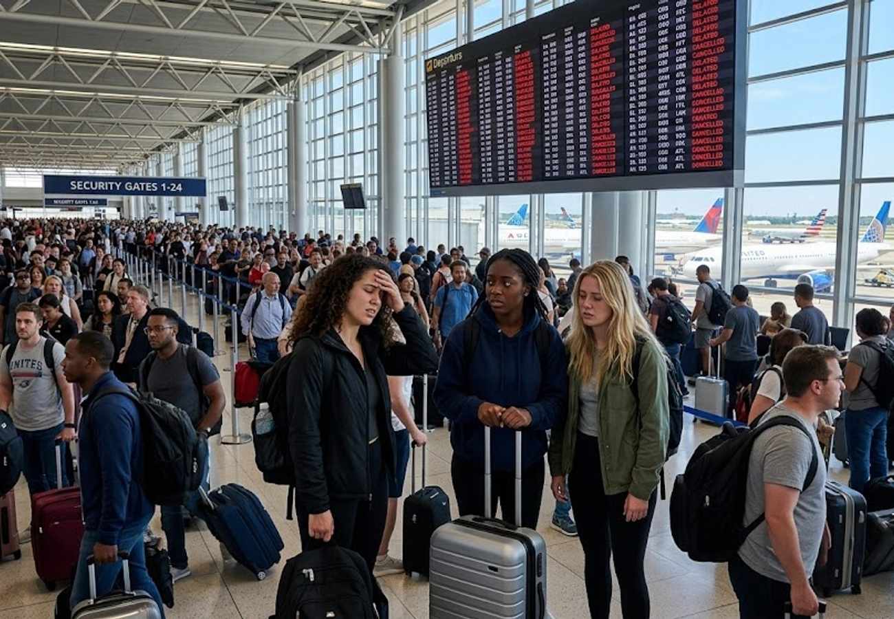TSA security checkpoint with heavy passenger flow during peak holiday travel