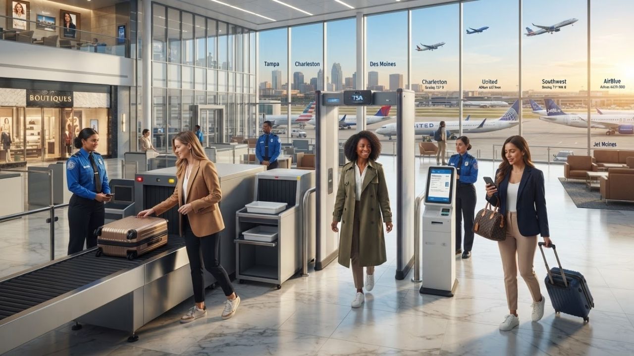 Modern airport security checkpoint lines with screening equipment and officers