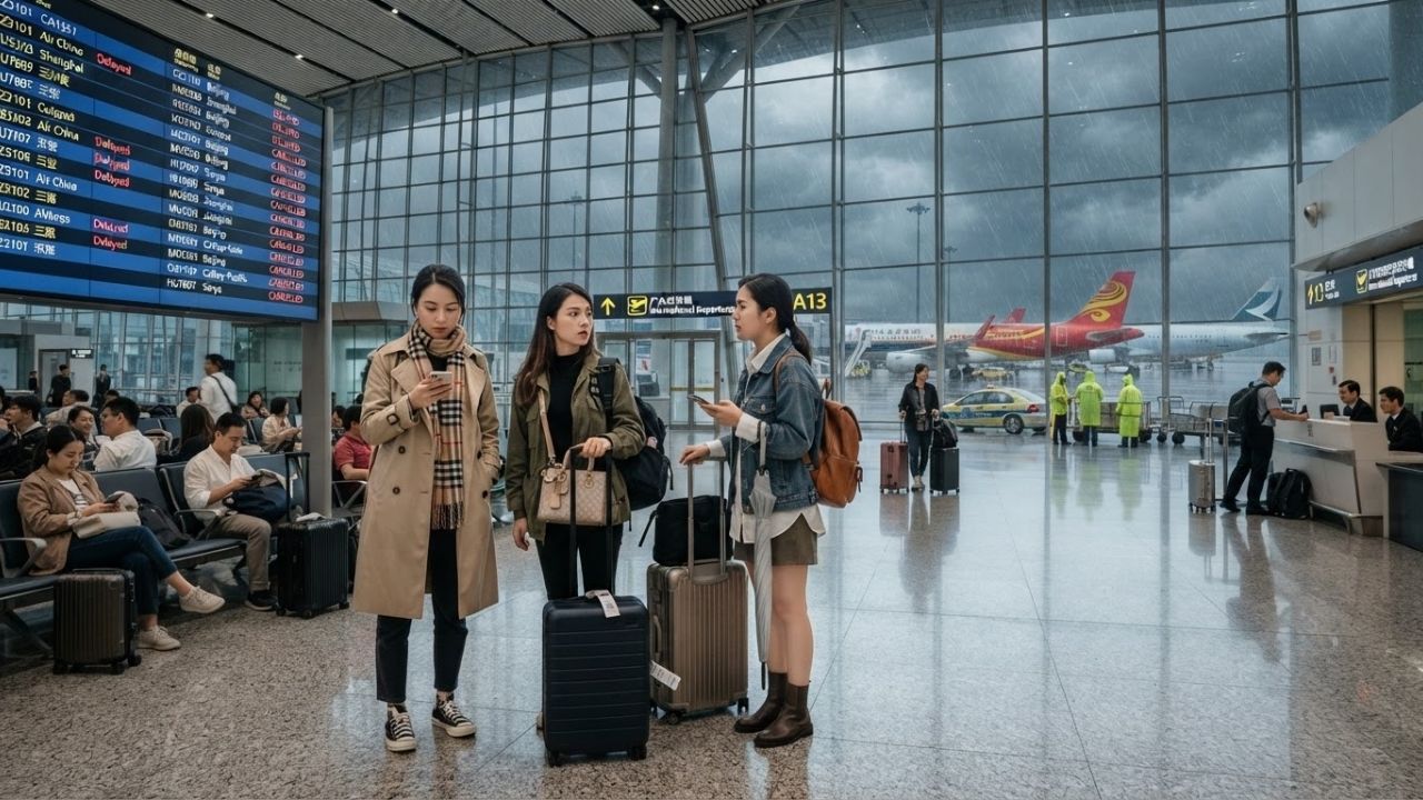 A commercial jet on the wet runway of a Chinese airport under heavy storm clouds