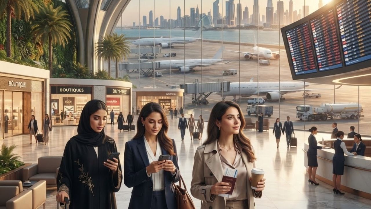 A busy terminal gate at Dubai International Airport with travelers waiting near departures boards
