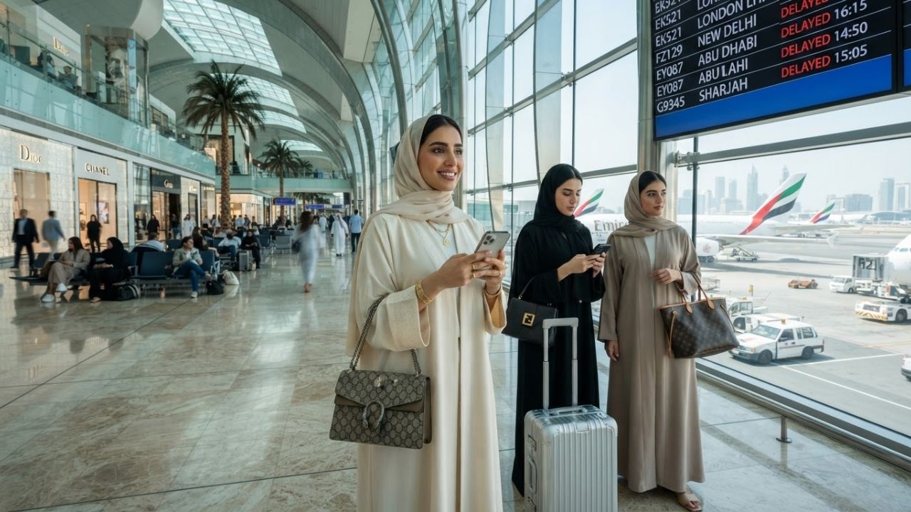 Dubai International Airport Terminal 3 departure gates with passenger activity under warm lights