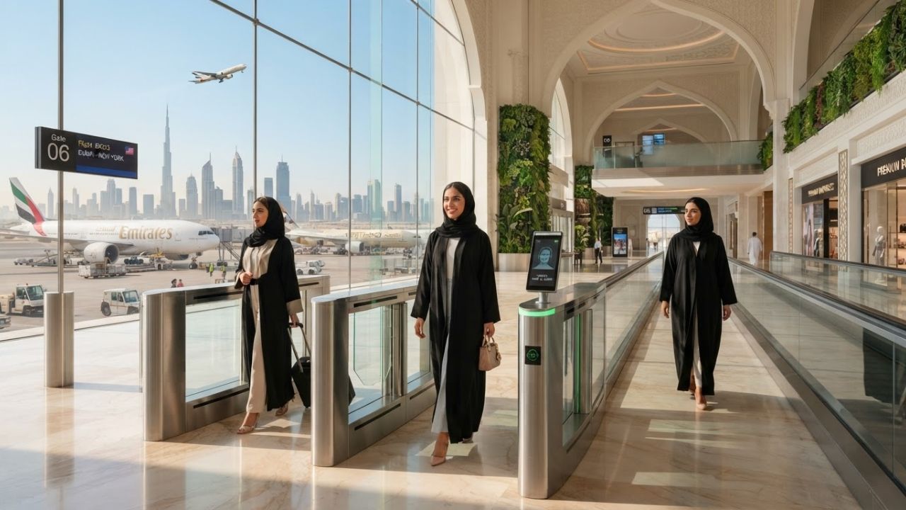 A passenger walking through a futuristic biometric smart gate terminal at Dubai airport