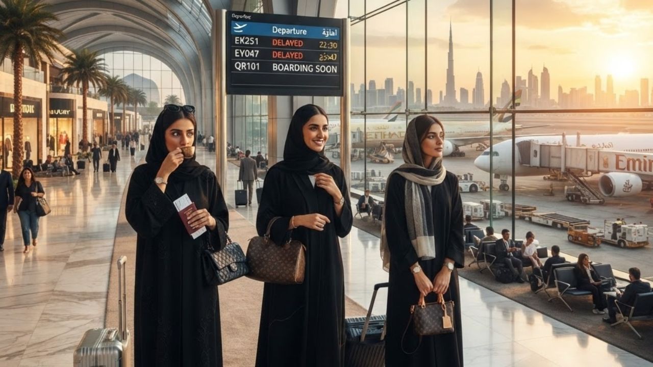 A busy terminal at Dubai International Airport with travelers checking flight status boards