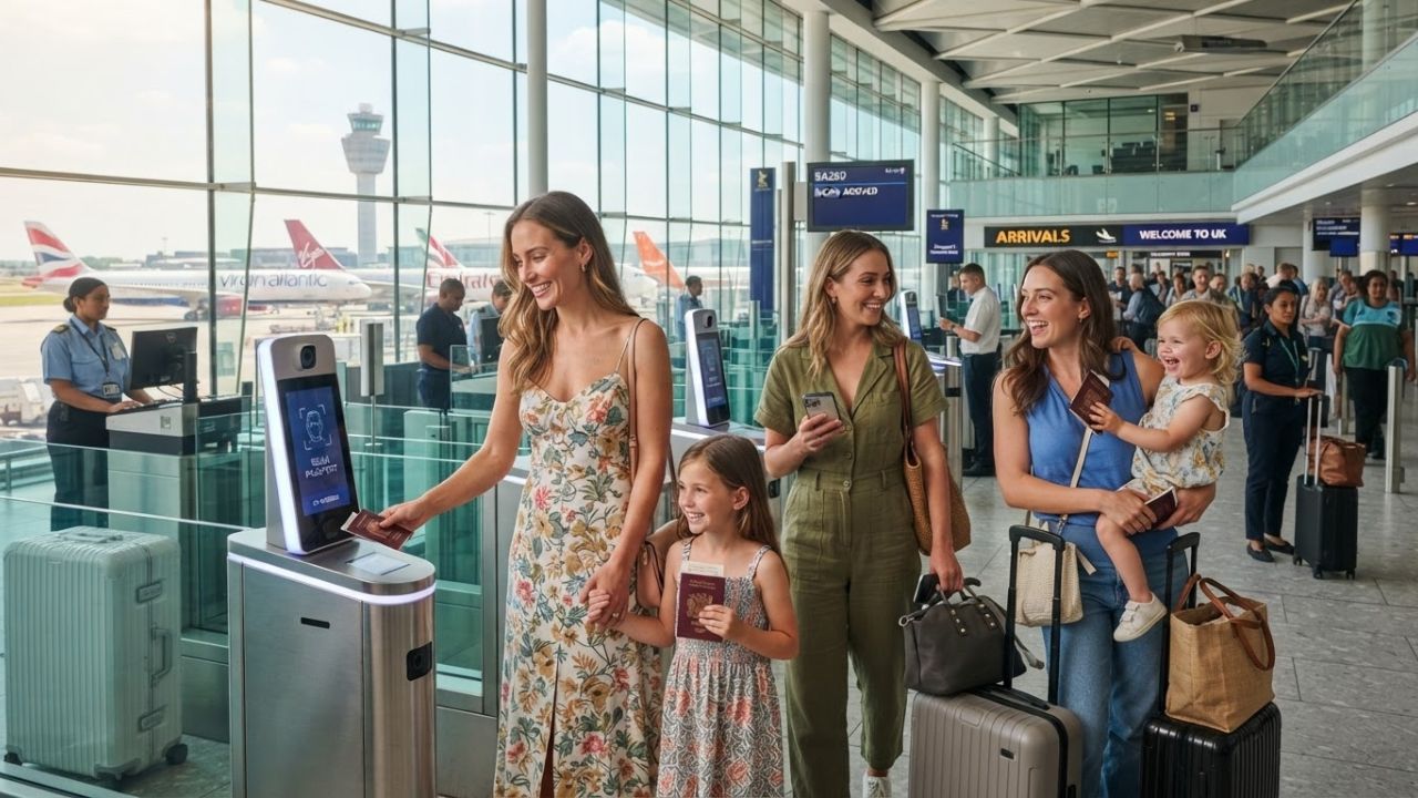 A family walking through an automated passport control gate at a UK airport