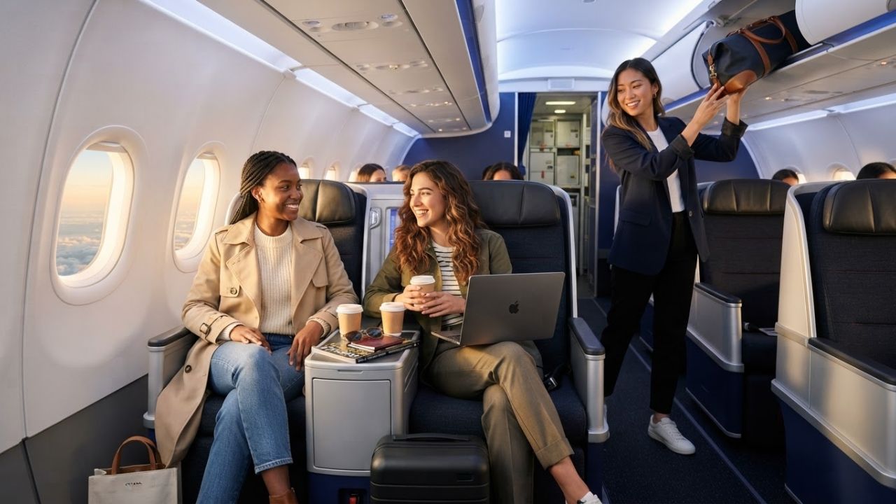 Interior cabin of a modern commercial narrow-body aircraft with spacious economy seats