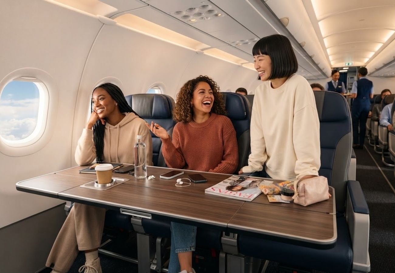 Interior view of a modern narrowbody aircraft cabin with enhanced seating