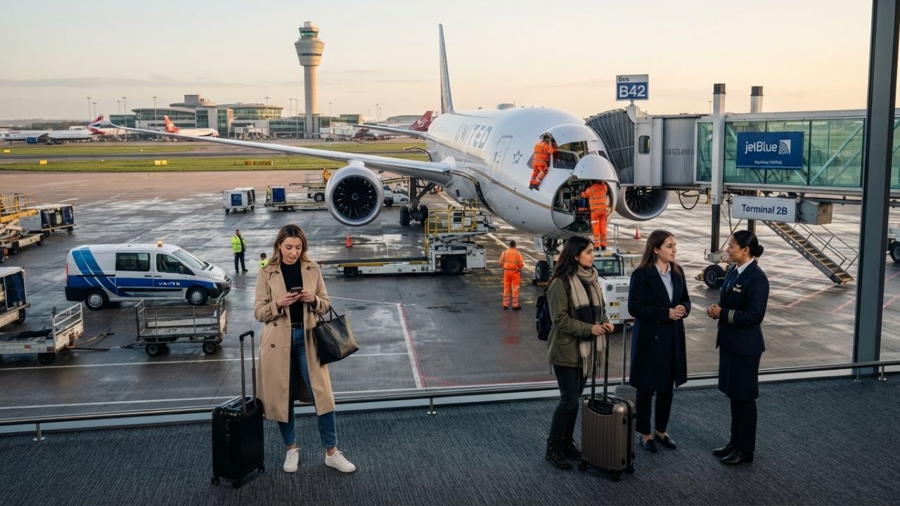 A United Airlines Boeing 787-9 Dreamliner parked at a Heathrow boarding gate