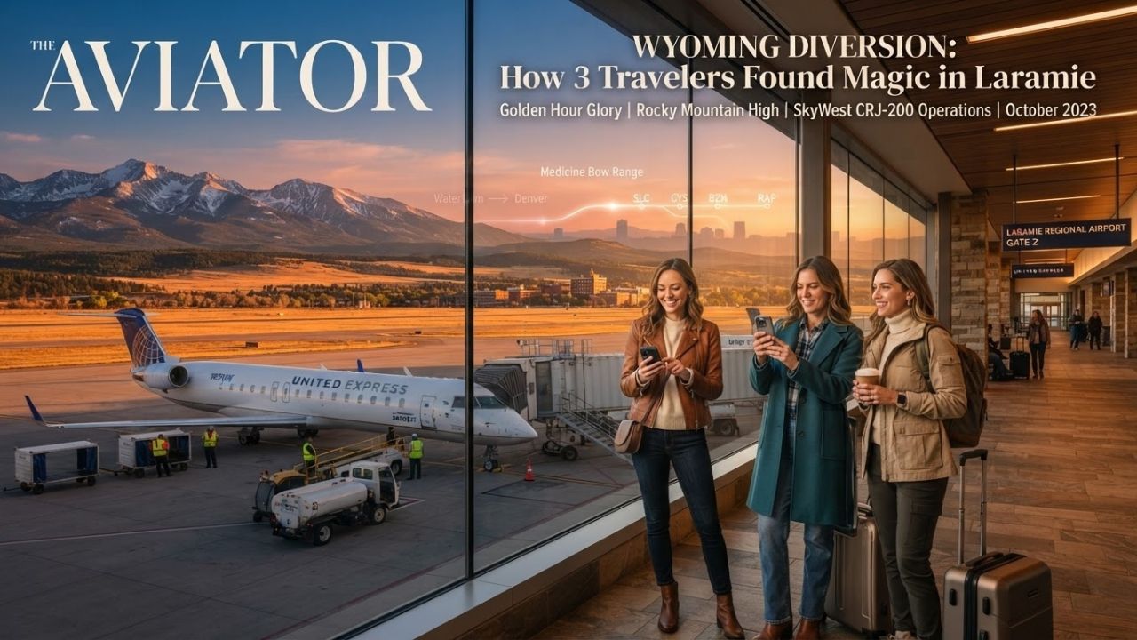 A regional jet passenger airplane parked on the apron of Laramie Regional Airport under a sunset sky