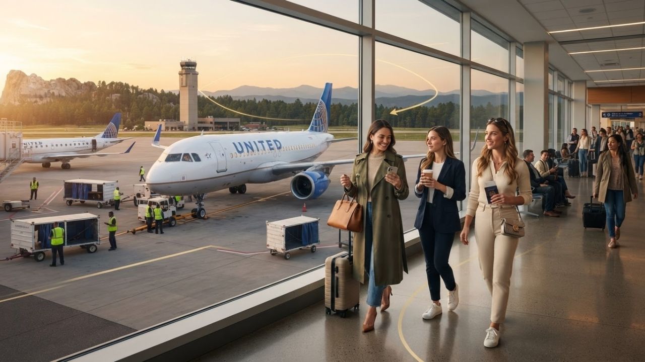 United Airlines Airbus A319 passenger airliner parked at Rapid City terminal gate