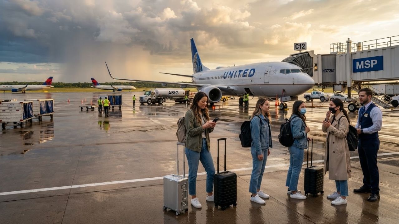 A United Airlines Boeing 737 passenger aircraft parked on the tarmac during overcast weather