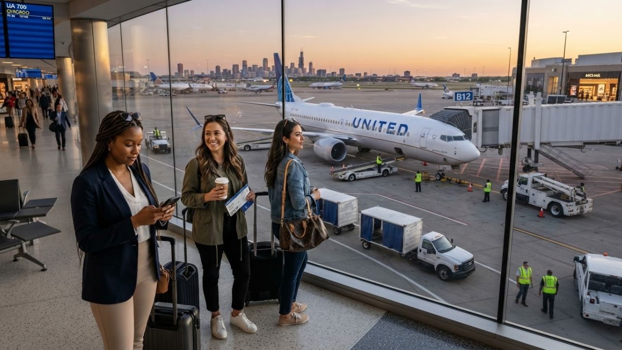 A United Airlines Boeing 737 MAX 9 commercial airplane parked at Chicago O'Hare gate