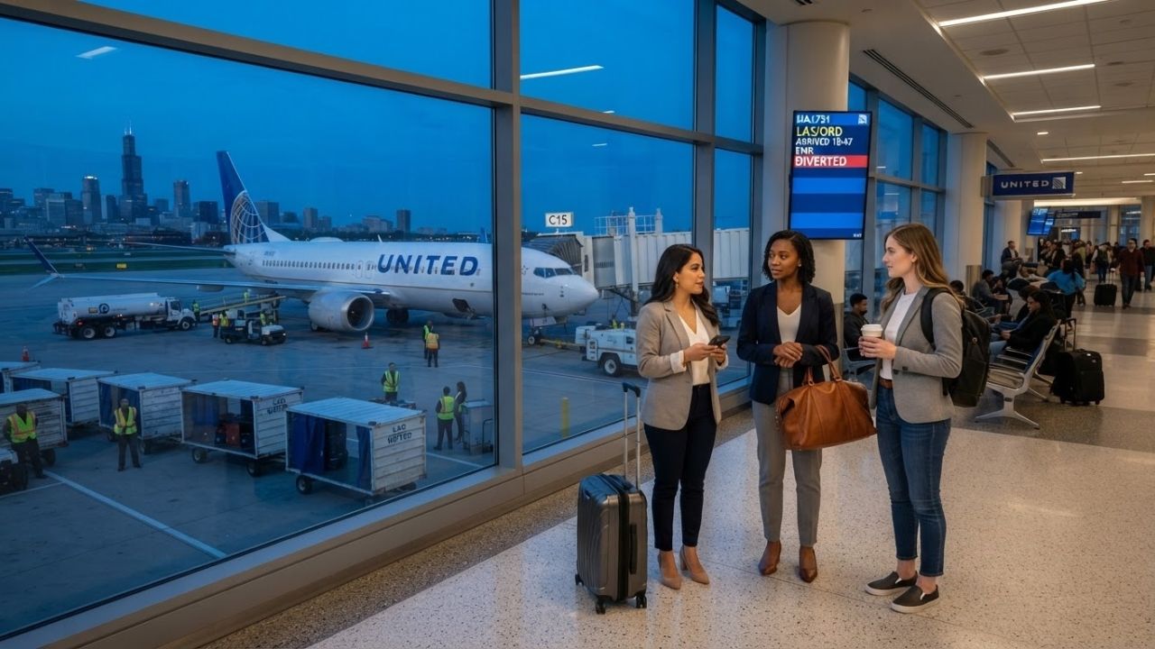 A United Airlines Boeing 737 MAX 8 commercial aircraft parked at an airport terminal gate during a night diversion