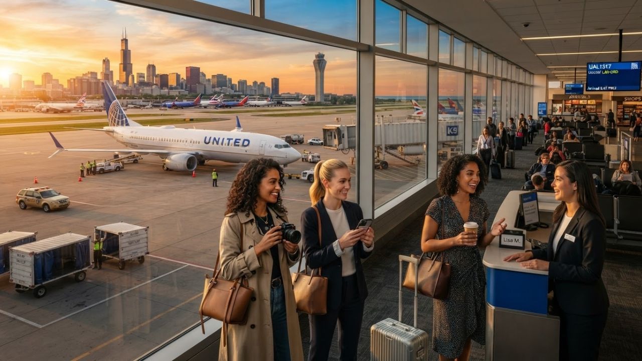 A United Airlines Boeing 737 MAX 8 passenger jet parked at a gate at Chicago O'Hare Airport