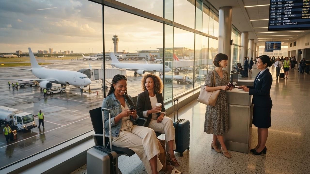Passengers waiting in a modern, naturally lit airport terminal check-in area during flight disruptions