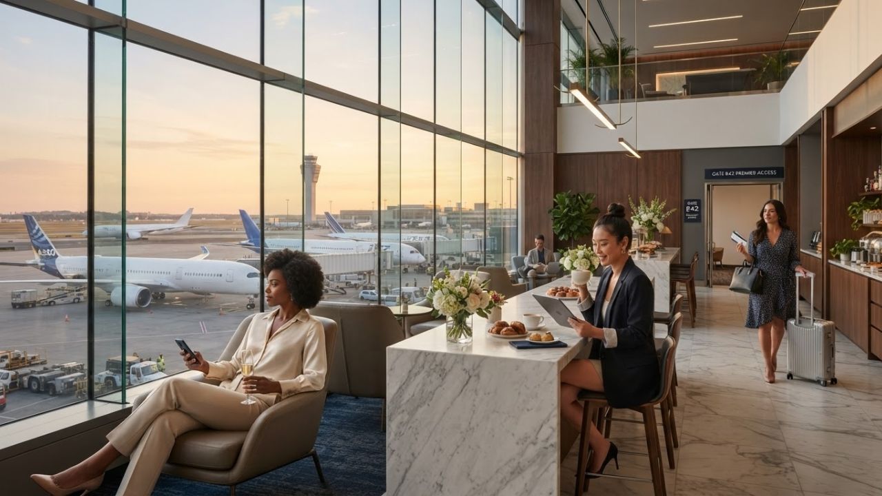 A sleek modern airport lounge seating area with large windows overlooking a runway