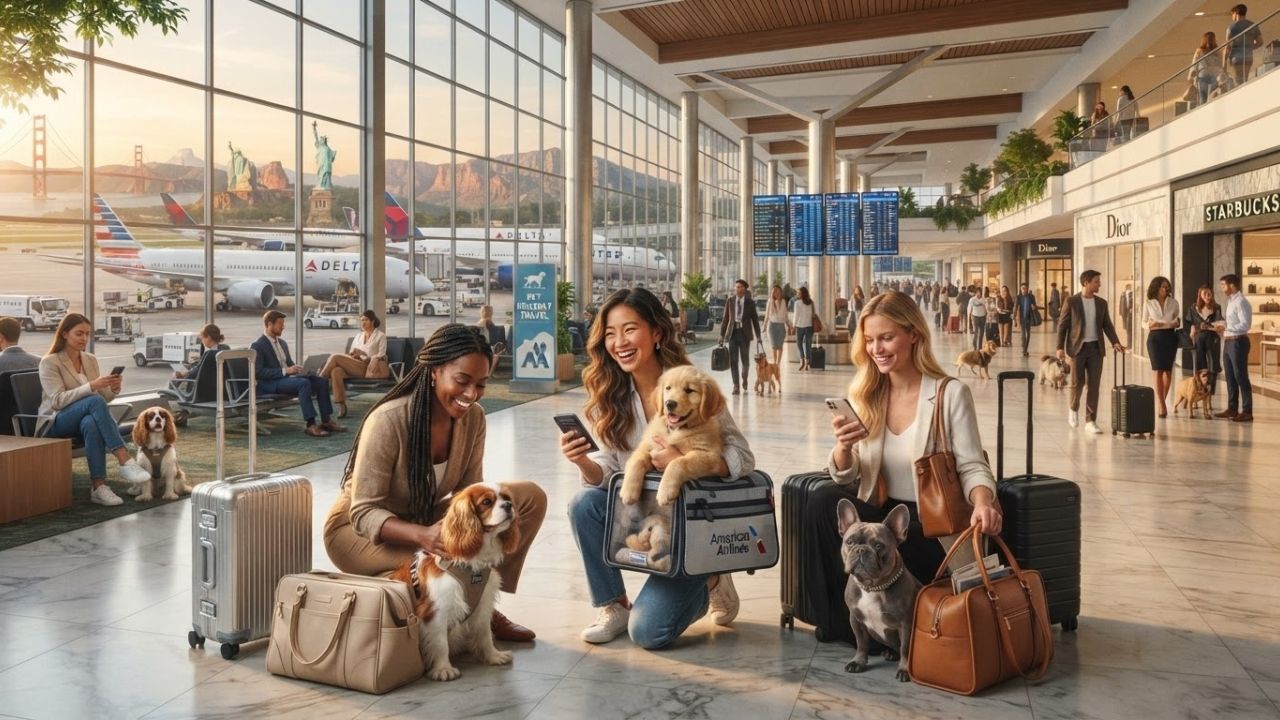 A small dog sitting inside a pet carrier under a commercial passenger airplane seat