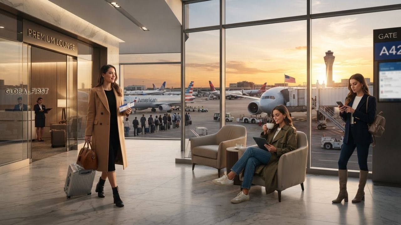 A premium class cabin with privacy doors and modern seating on a US commercial airliner