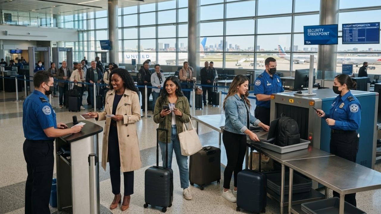 A TSA security checkpoint at a United States domestic airport terminal with passengers queuing
