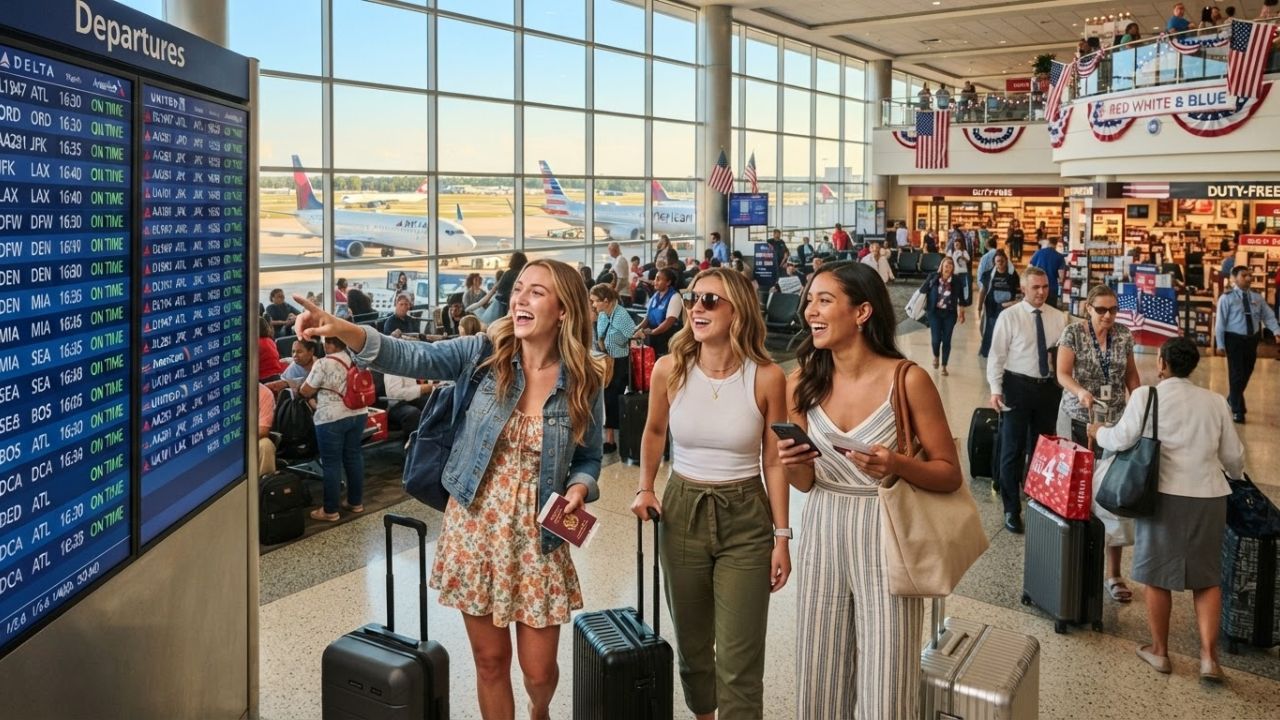 Crowded US airport terminal July 4th