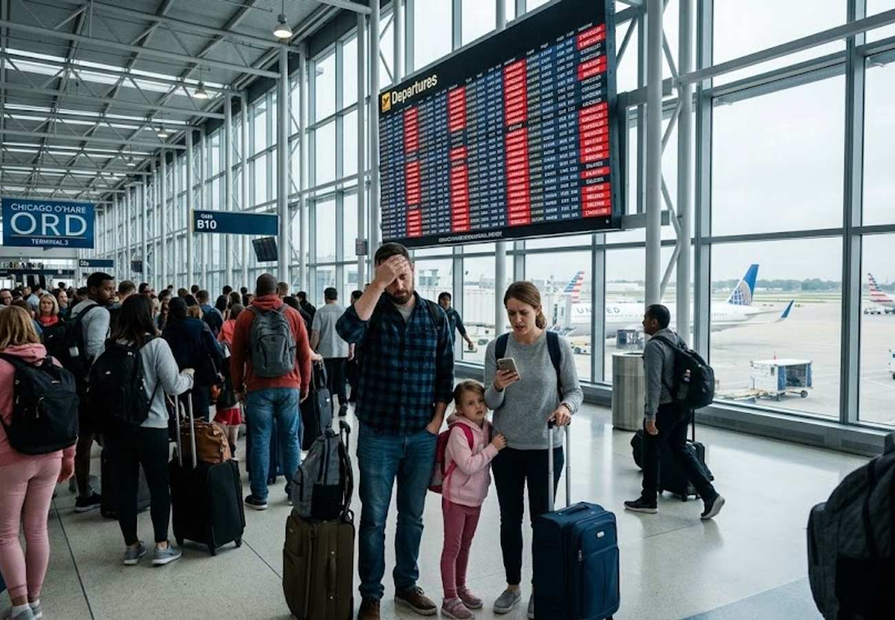 Airport operations board showing widespread flight cancellations and delays across United States major hubs on July 4, 2026