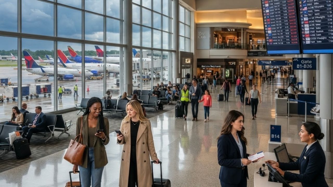 A crowded departure hall at a major US airport with passengers looking at flight status screens during severe weather delays
