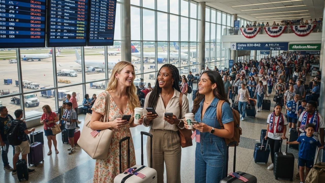 A busy airport terminal check-in area filled with travelers during peak holiday travel season