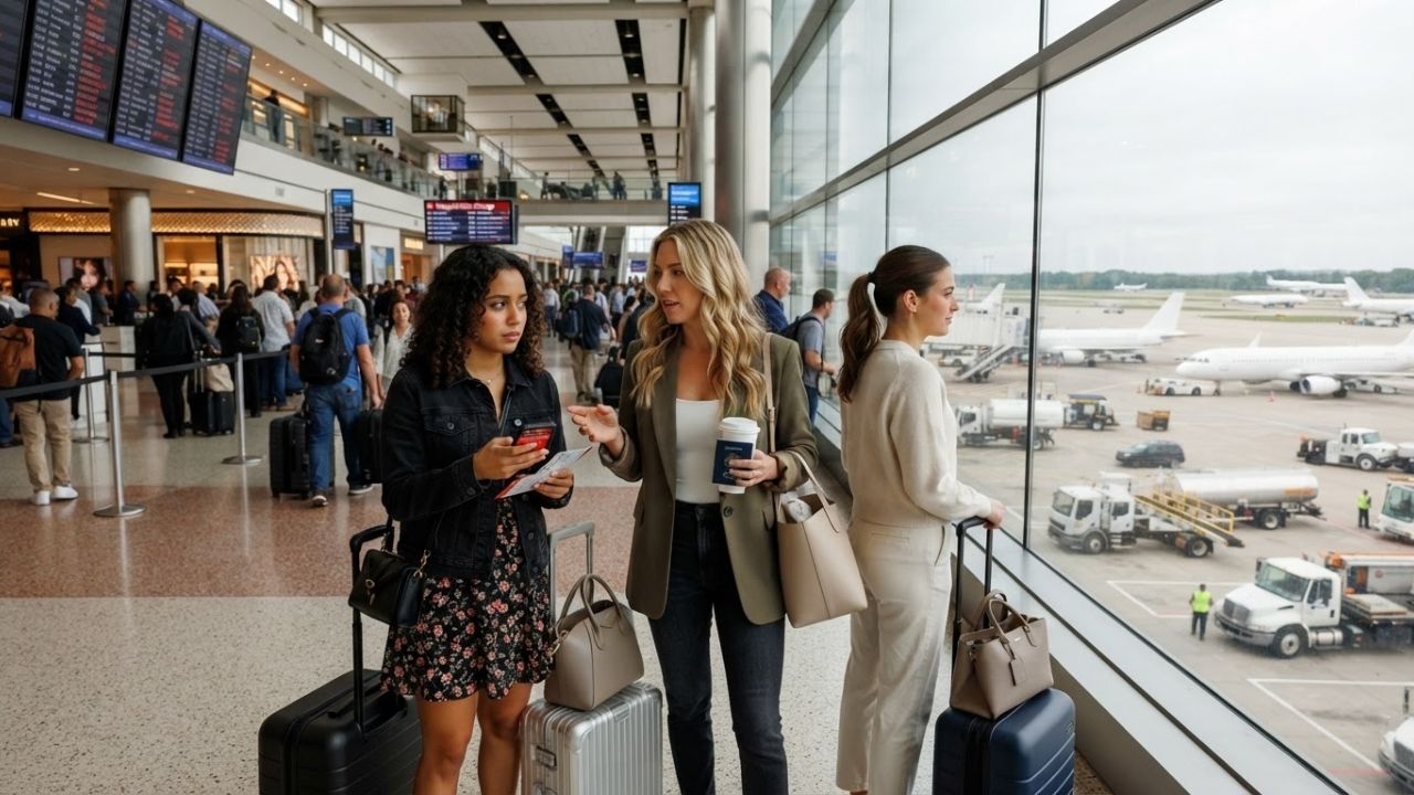 Passengers waiting in front of a flight status board displaying delays and cancellations at a airport terminal