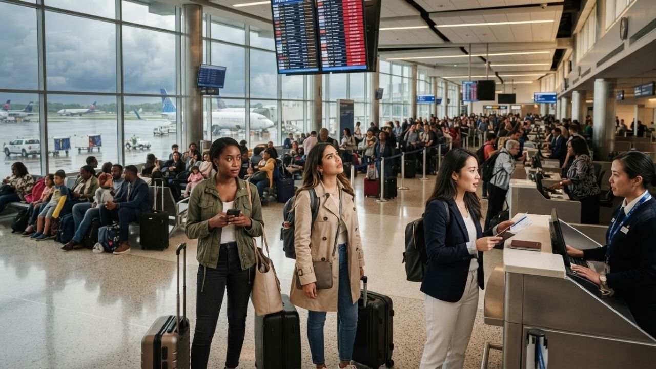 Departures board showing cancelled and delayed flights representing US travel disruptions