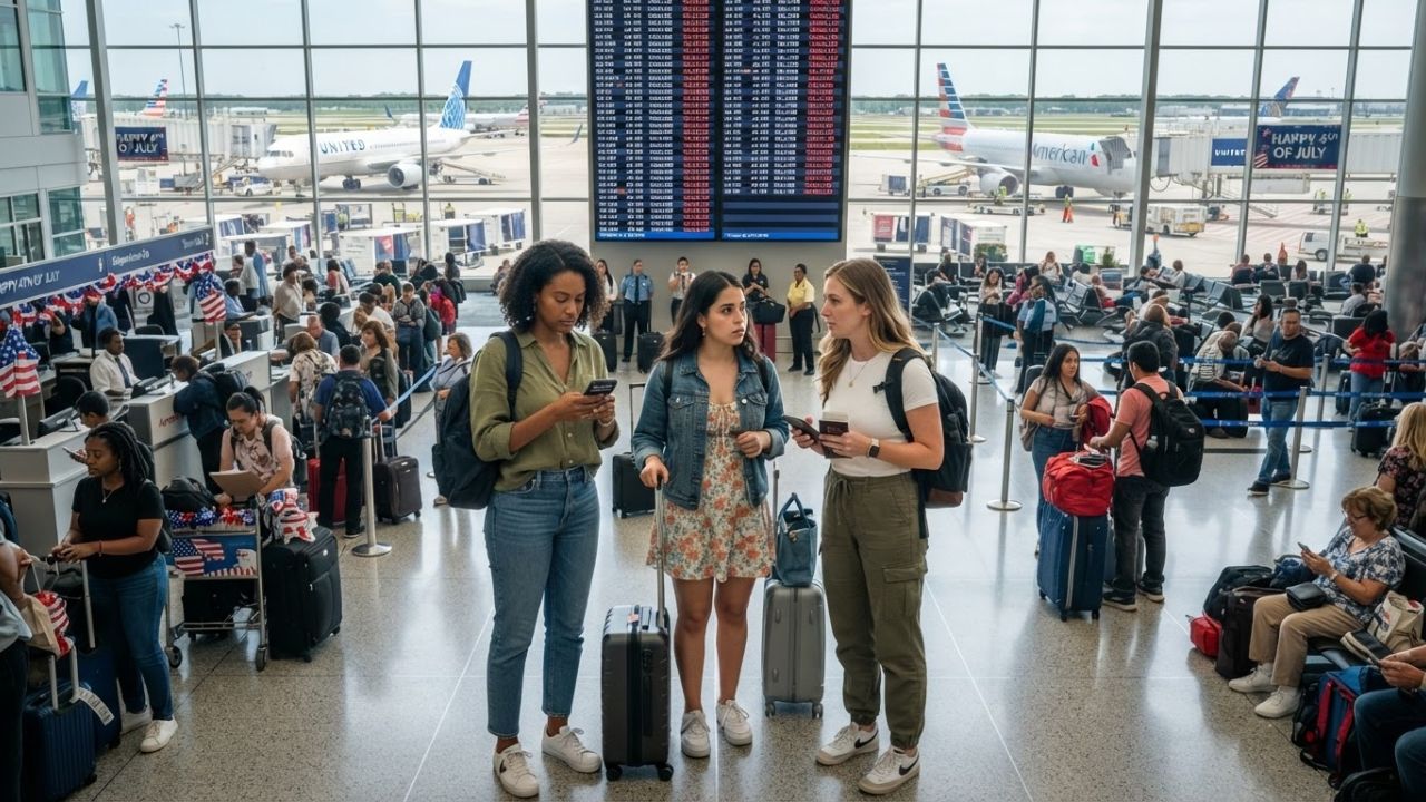 Passengers waiting in front of a domestic departures gate inside a congested airport terminal