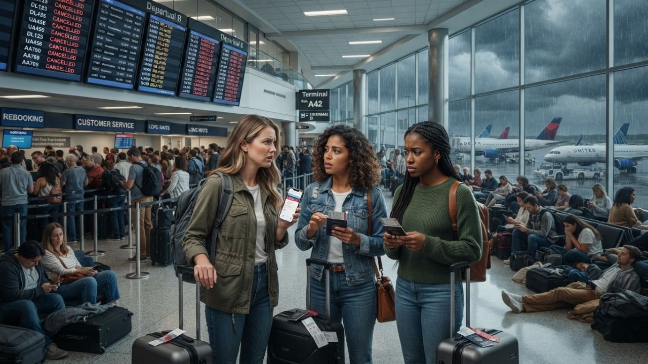 A major US airport terminal crowded with passengers during the holiday weekend