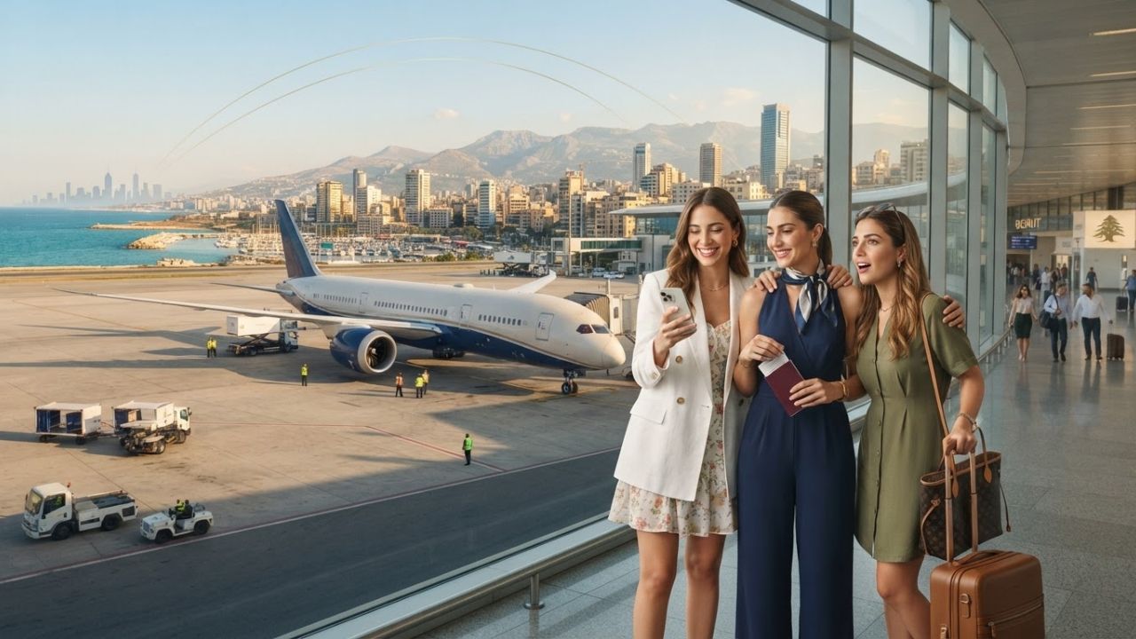 Commercial airliner parked at Beirut-Rafic Hariri International Airport terminal gate