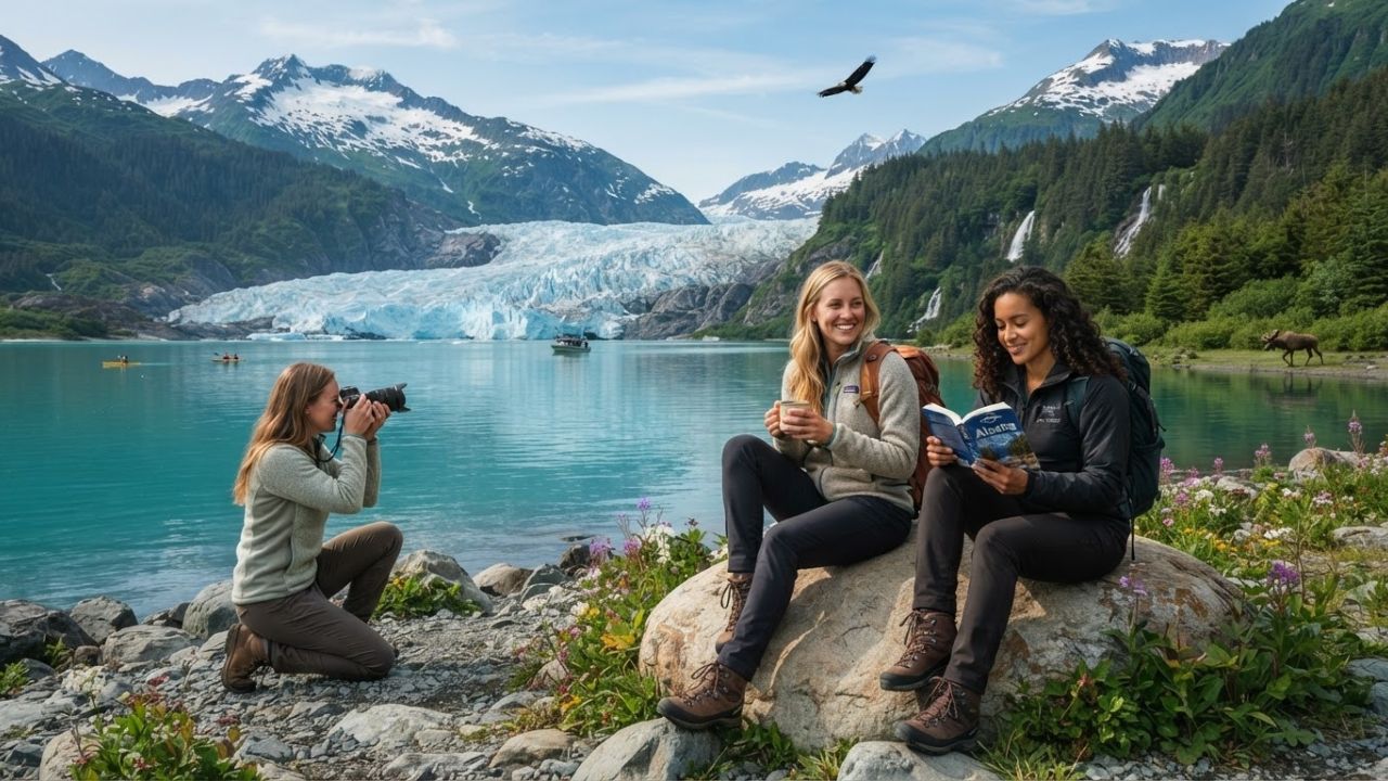 Traveler standing beside cool mountain lake in Alaska