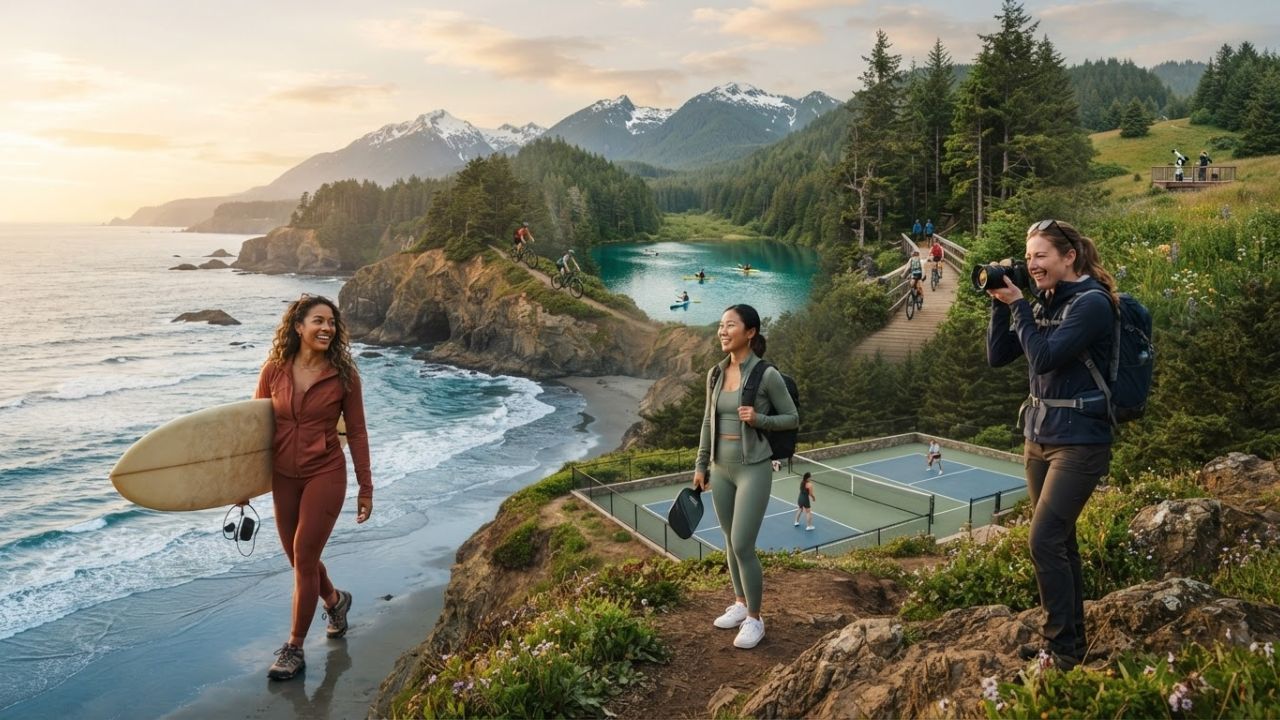 Travelers playing outdoor pickleball at a mountain resort