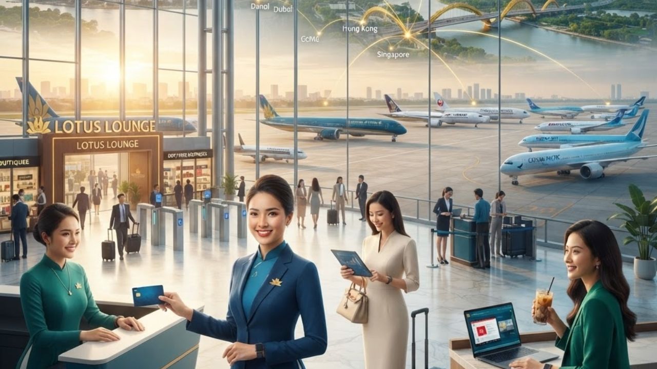 A corporate traveler holding a premium black credit card inside a business airport lounge