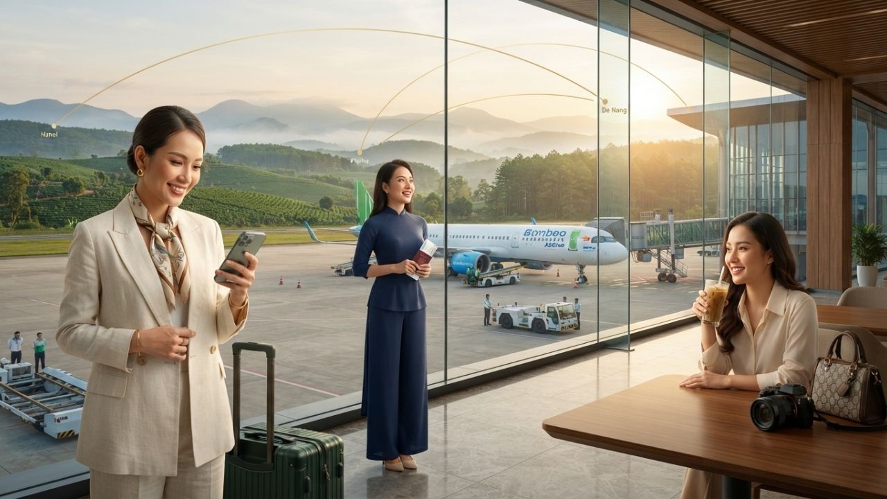 Modern regional airport passenger terminal interior at Pleiku Airport in Vietnam