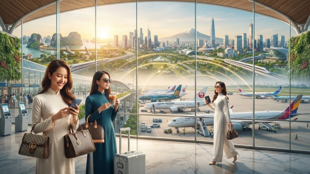 Modern terminal hall of an international airport with visual links to East Asian destination boards