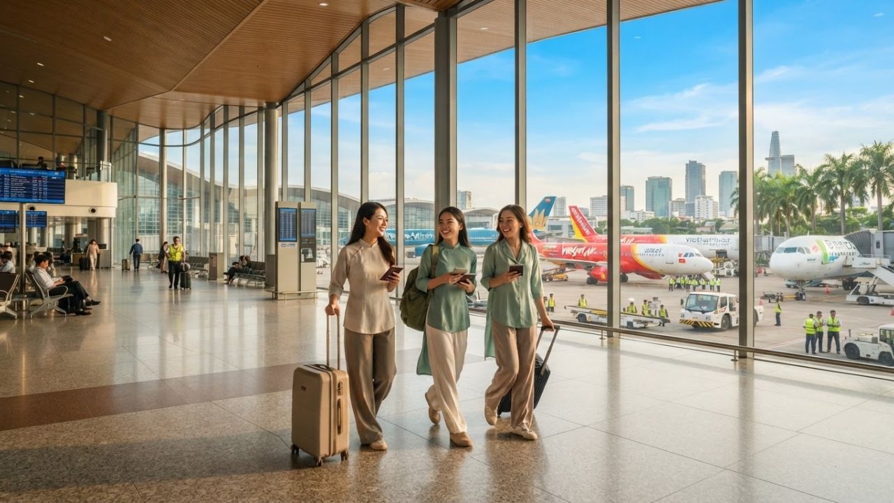 A busy modern airport terminal with travelers and glass panel design features