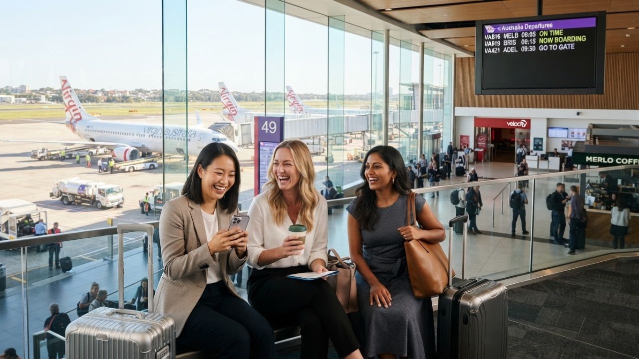 Passengers checking flight status on mobile phones in a modern airport terminal