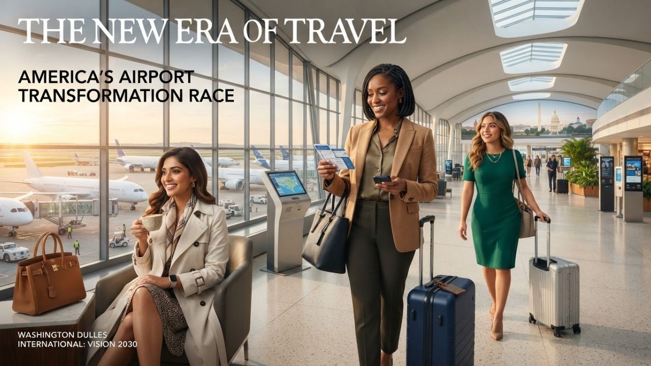 A side-by-side comparative layout concept showing modernization graphics of various US airport terminals including Dulles