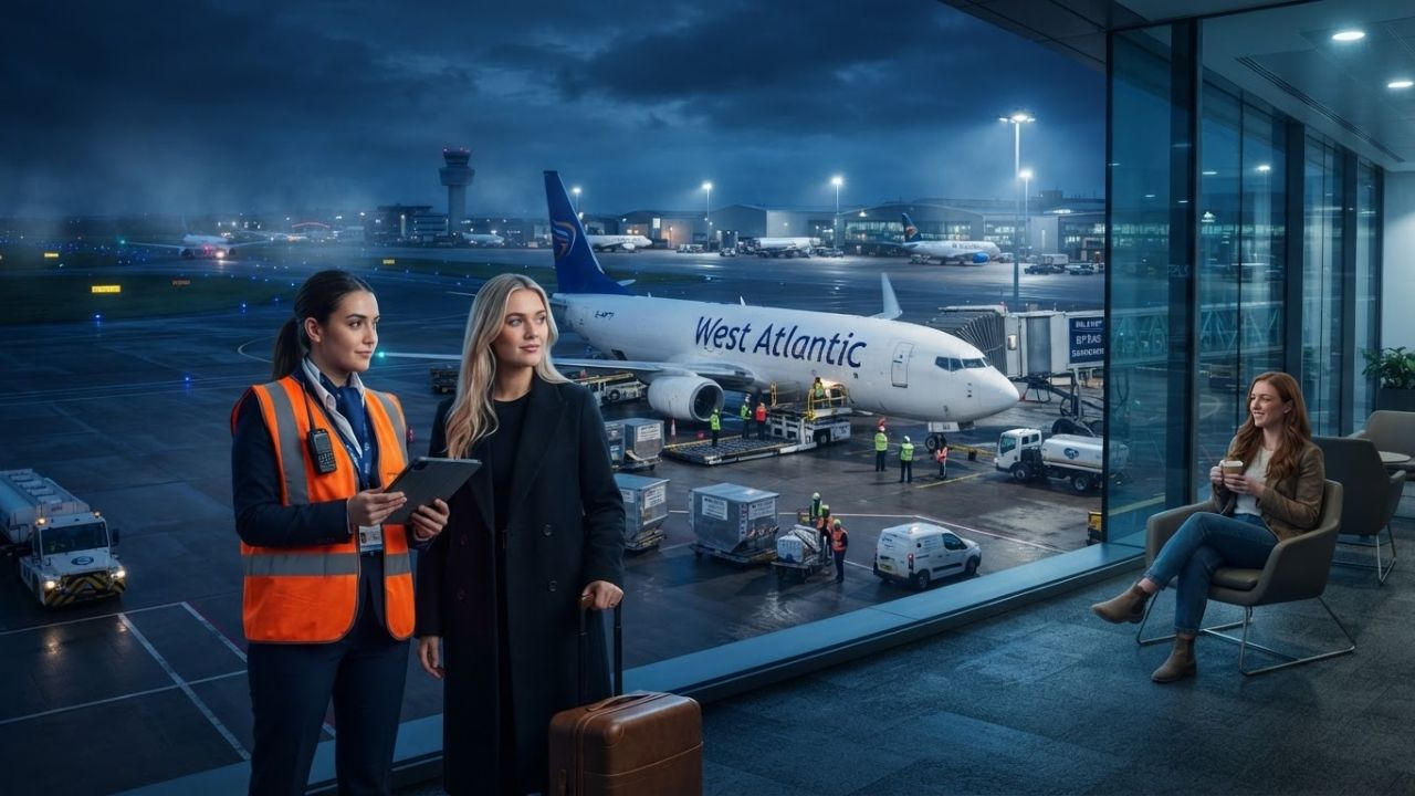 A Boeing 737-800 freighter cargo plane resting on the tarmac at Belfast International Airport under night lights
