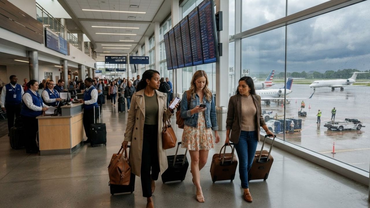 Passengers waiting in front of a flight departure information board displaying delayed and cancelled flights